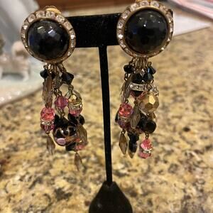 Earrings - vintage jet & crystal with pink charm earrings